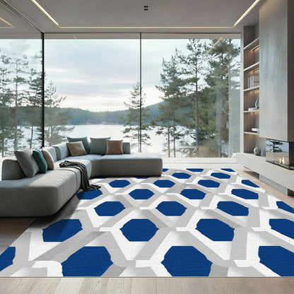 White Interlocking Hexagon Blue Rug