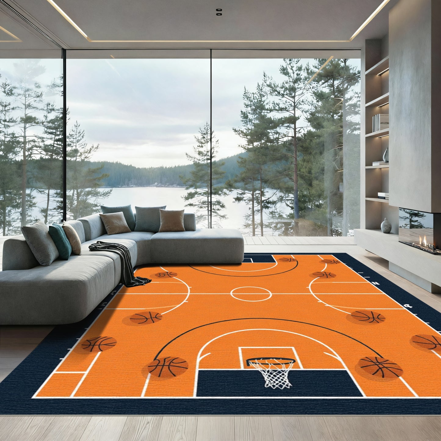 Orange Basketball Court Action Rug