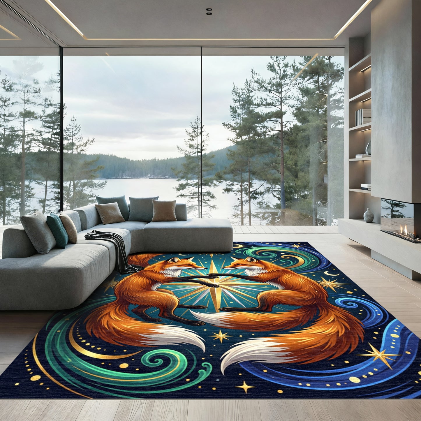 Celestial Fox Constellation Golden Starry Abyss Rug