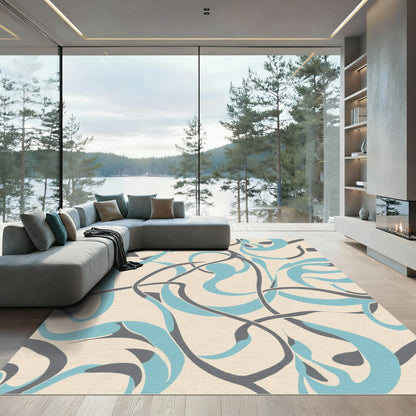 Beige Sky Blue Gray Curvy Swirls Rug