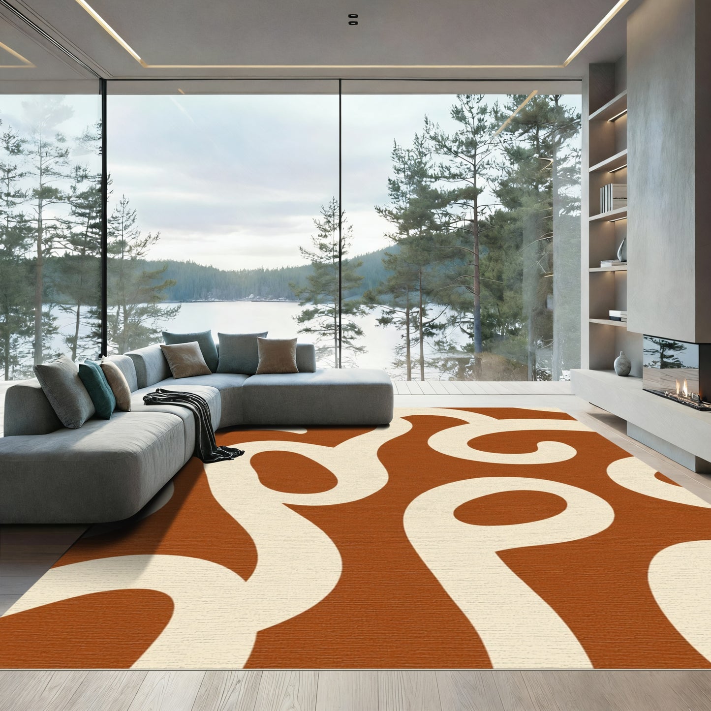 Cream Curves Bold Terracotta Abstraction Rug