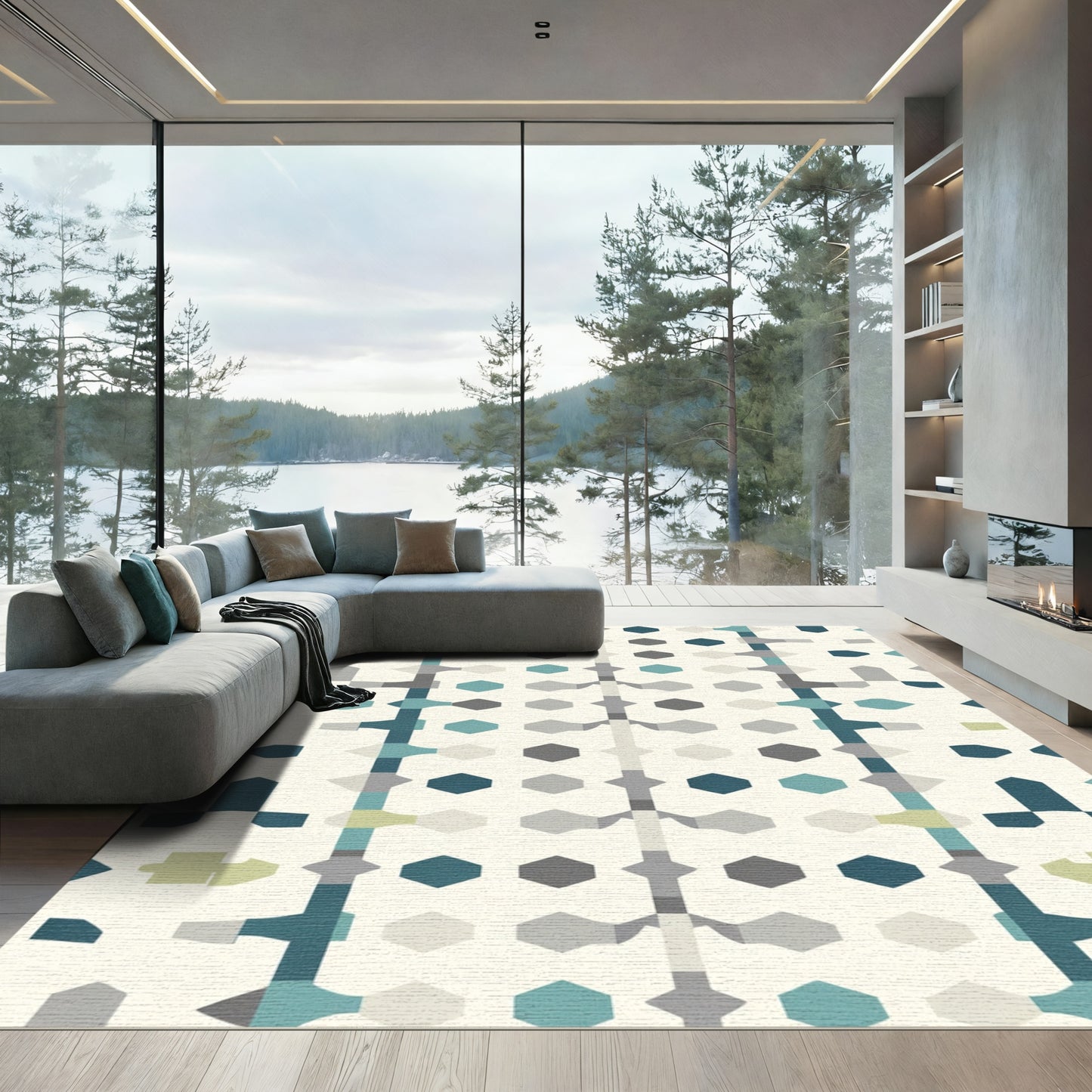 Teal Gray Geometric Hexagon Mosaic Rug