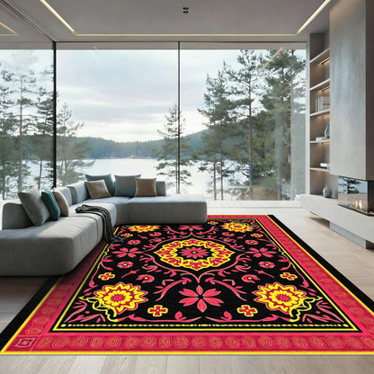 Bold Red Yellow Floral Medallion Rug