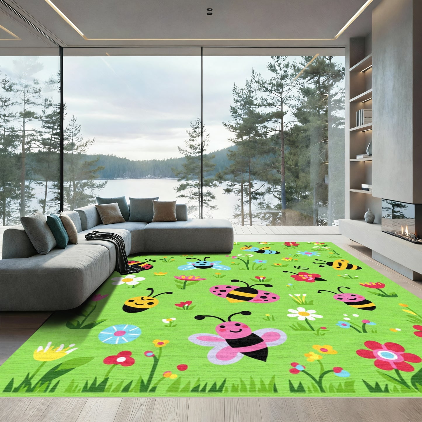 Whimsical Garden Bugs Flowers Meadow Rug