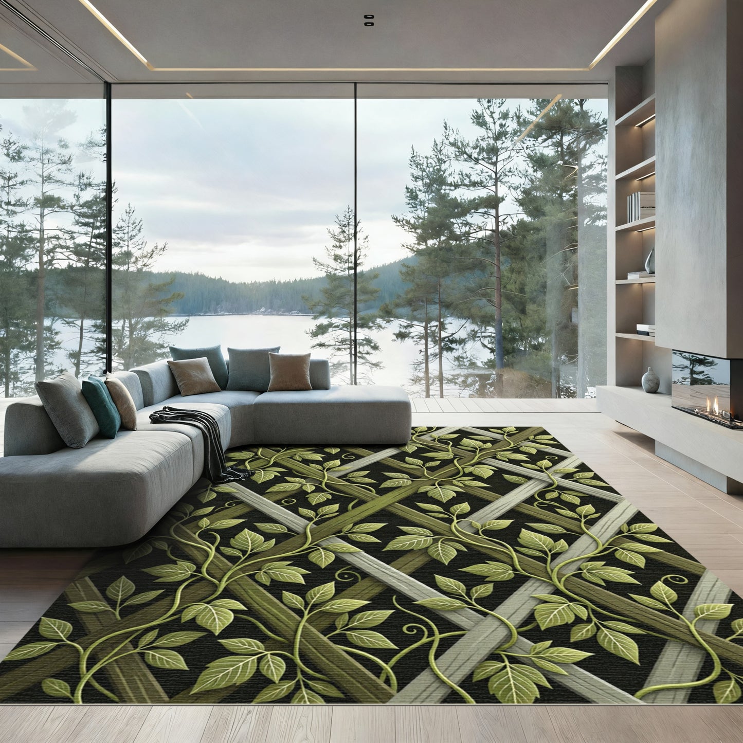 Lush Green Botanical Trellis Vines Rug