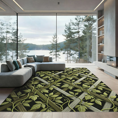 Lush Green Botanical Trellis Vines Rug