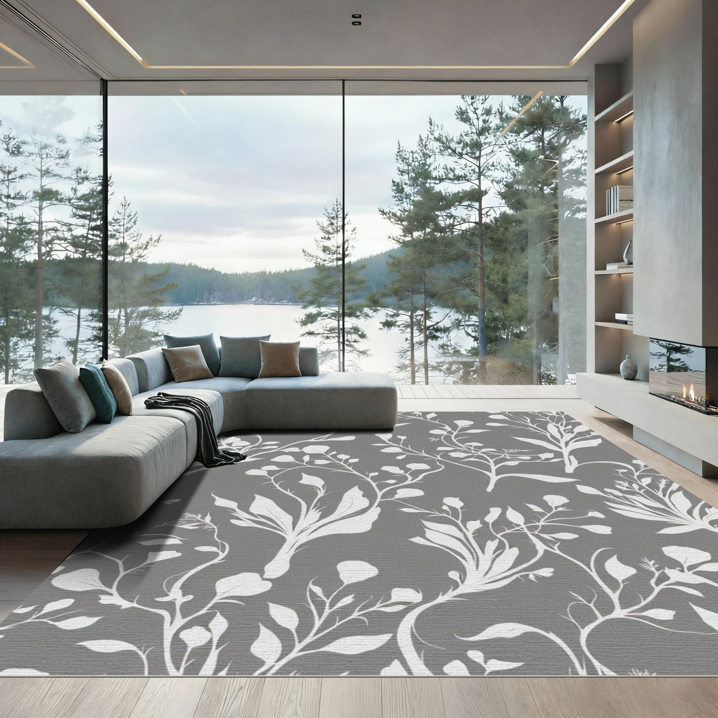 Modern Gray White Botanical Vine Rug
