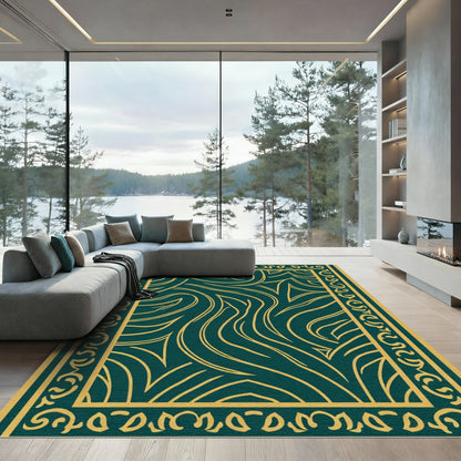 Teal Gold Abstract Swirls Border Rug