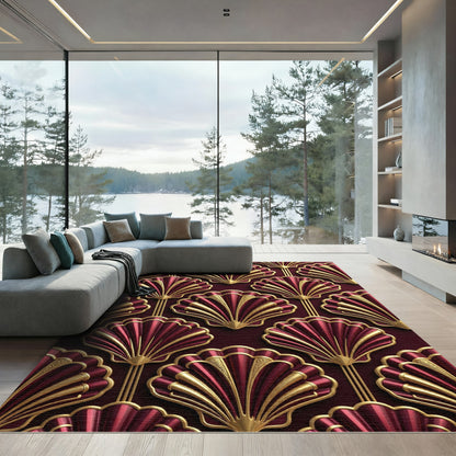 Art Deco Crimson Golden Shell Luxury Rug
