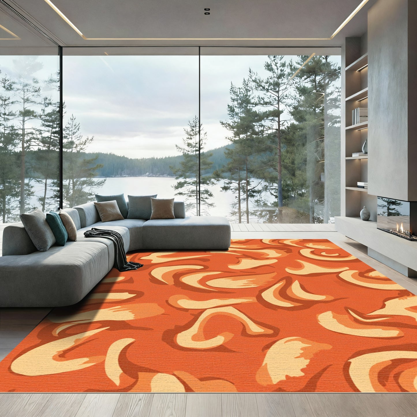 Deep Orange Abstract Organic Swirls Rug