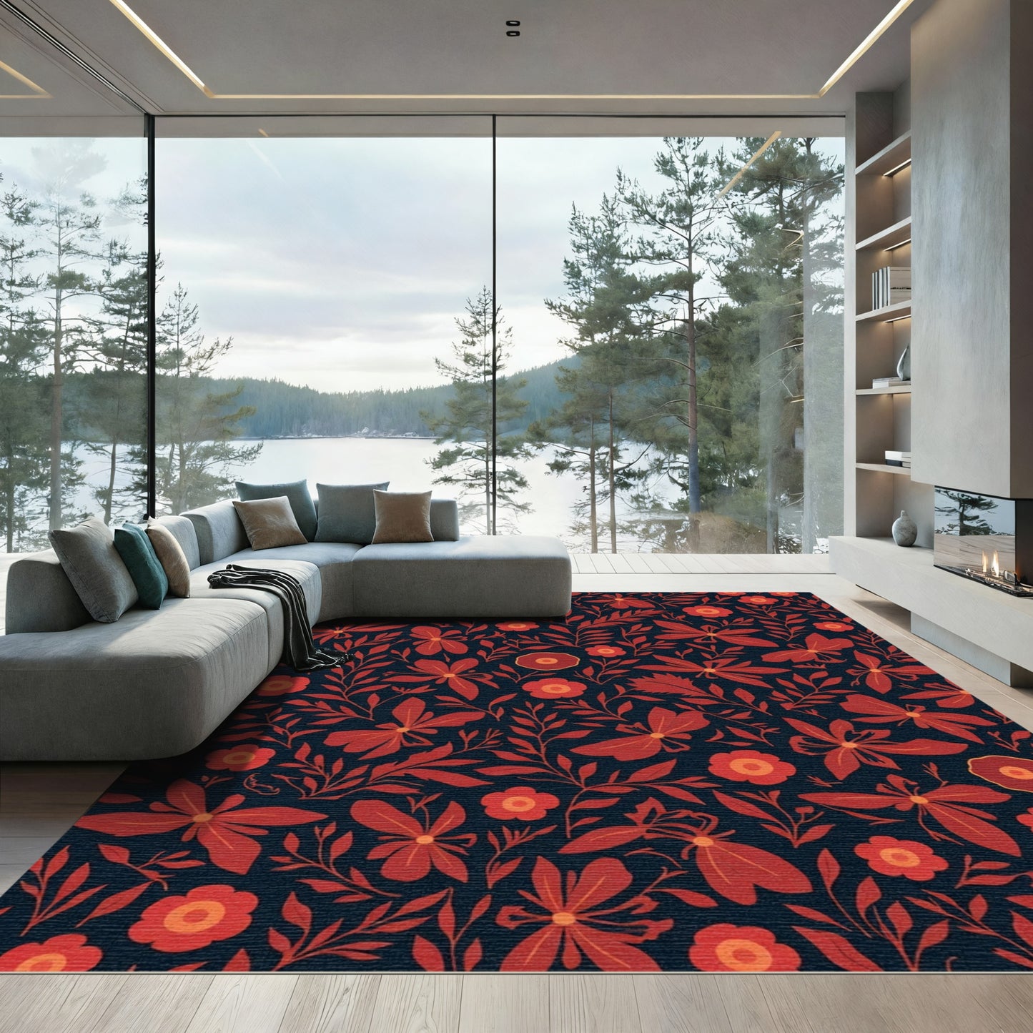 Crimson Floral Vines Dark Background Rug