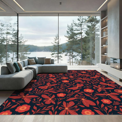 Crimson Floral Vines Dark Background Rug