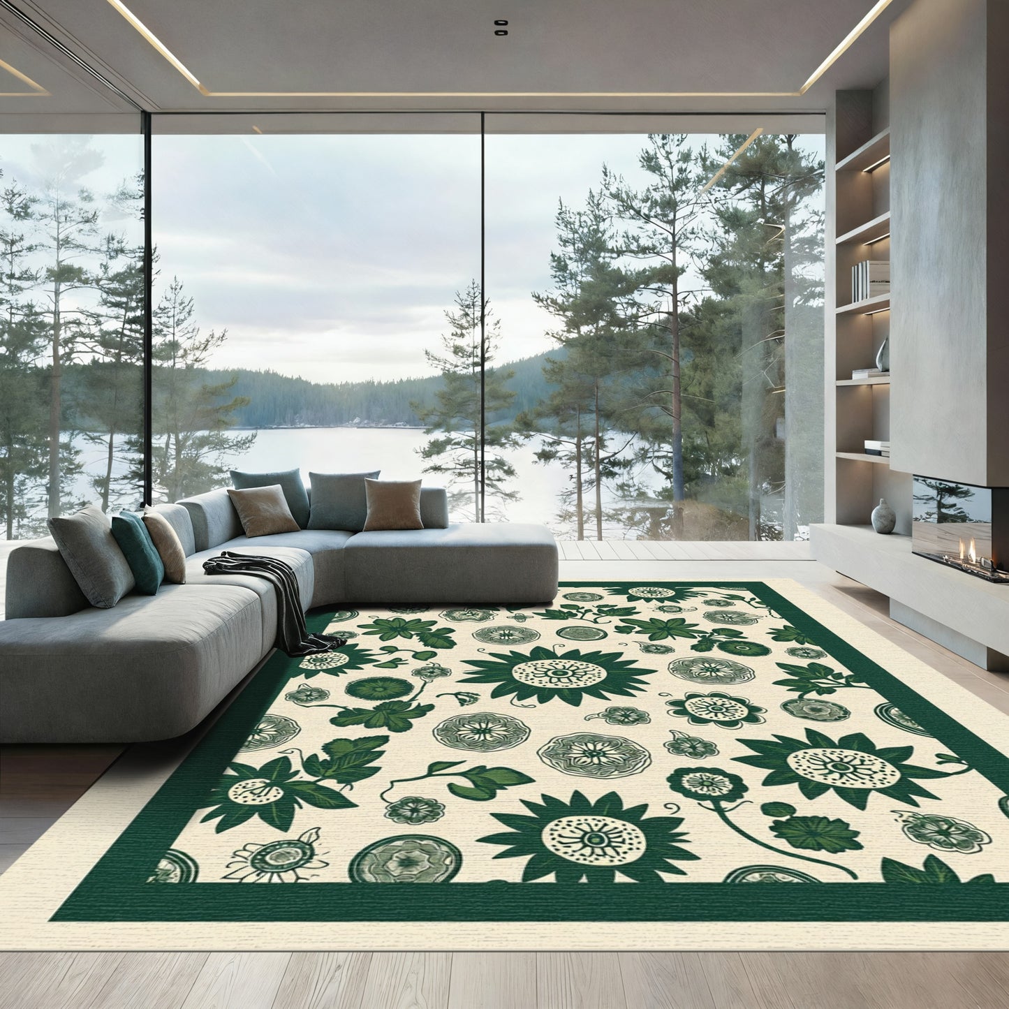 Dark Green Floral Bloom Collage Rug