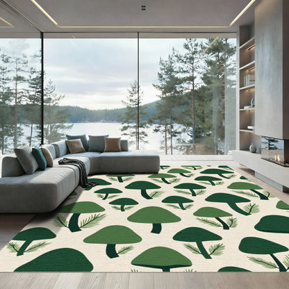 Forest Green Mushroom Pine Needle Pattern Rug