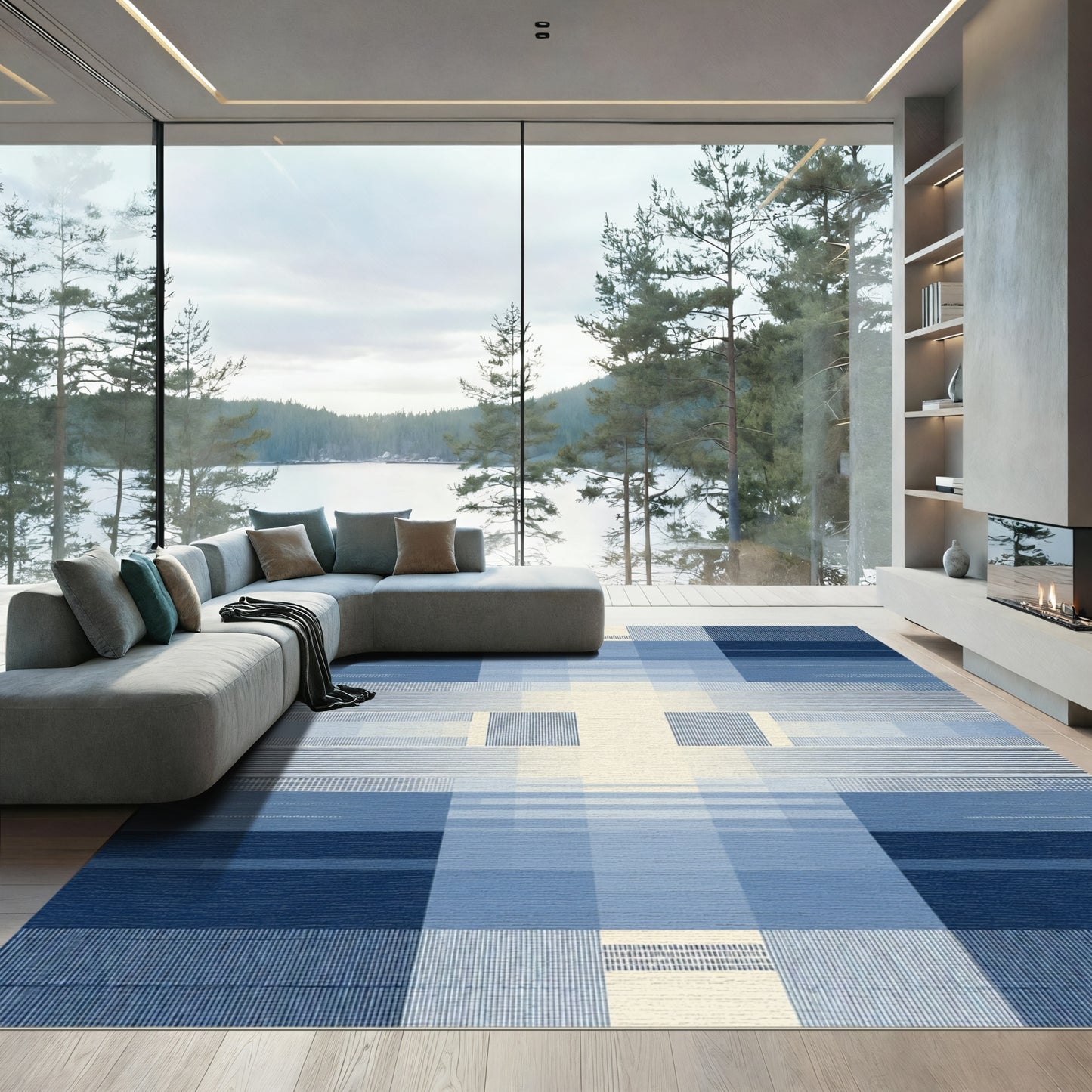 Modern Blue Geometric Abstract Gradient Rug