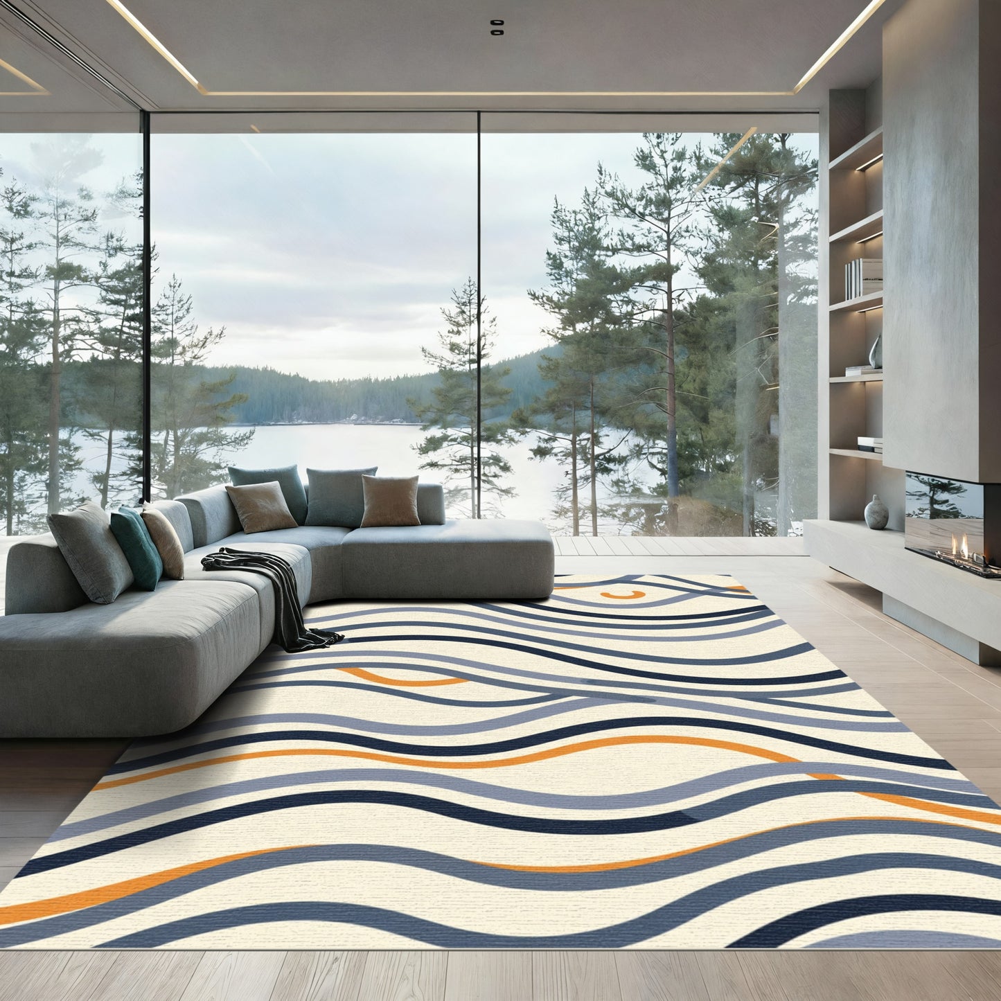 Cream Navy Orange Abstract Waves Rug