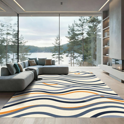 Cream Navy Orange Abstract Waves Rug