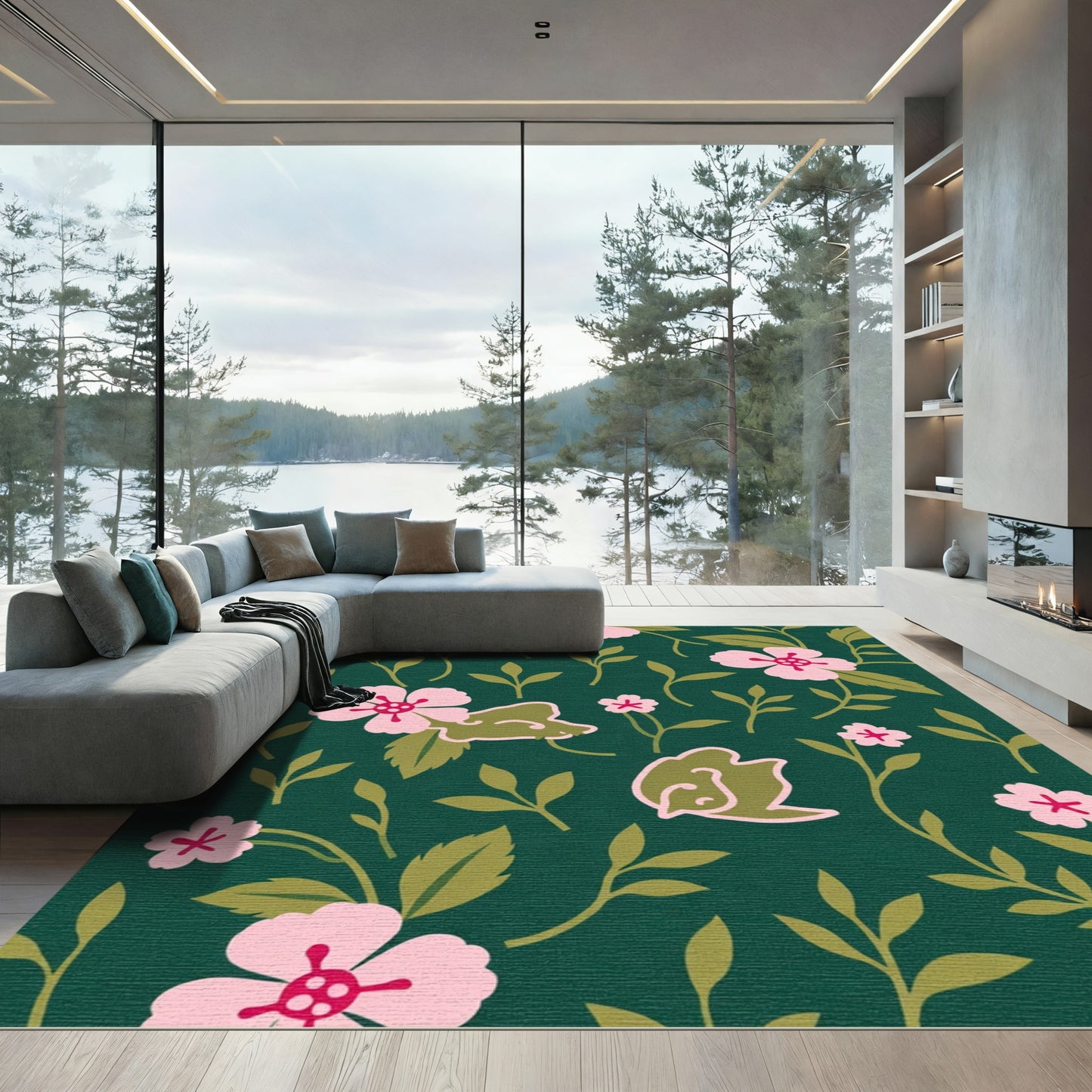 Dark Emerald Pink Floral Vine Rug