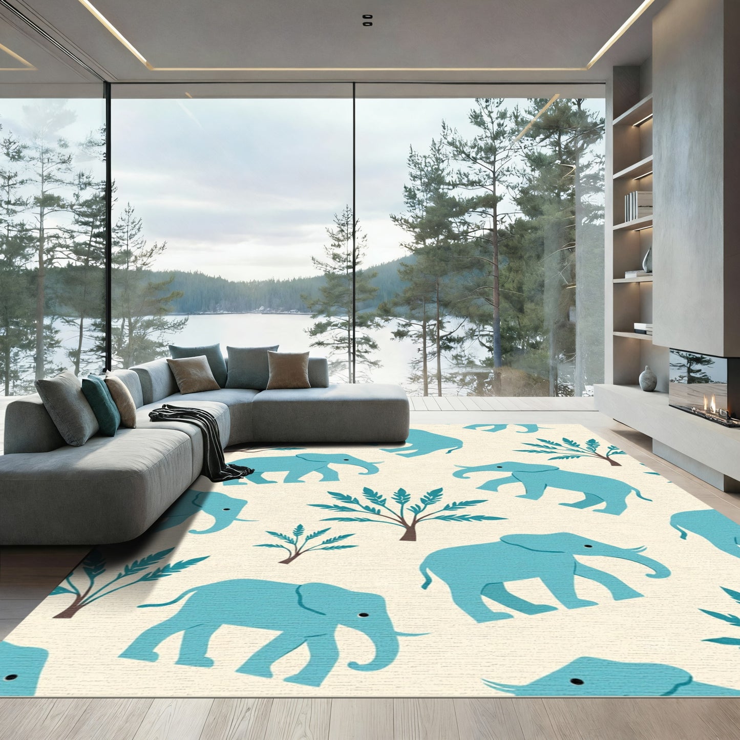 Teal Elephant Foliage Repeat Rug