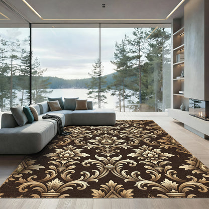 Brown and Gold Damask Floral Scroll Rug