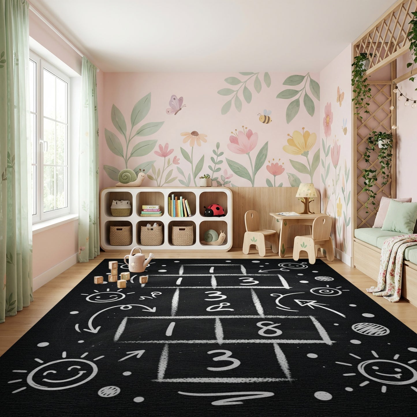 Playful Chalkboard Hopscotch Game Rug