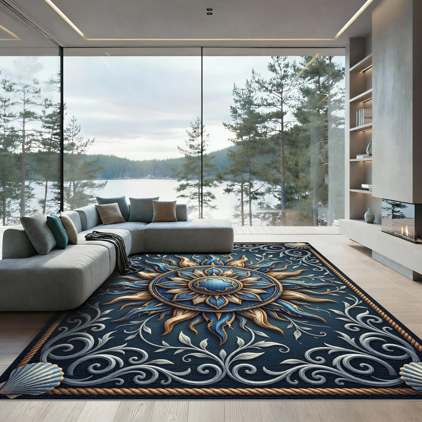 Ornate Blue and Gold Celestial Sun Rug
