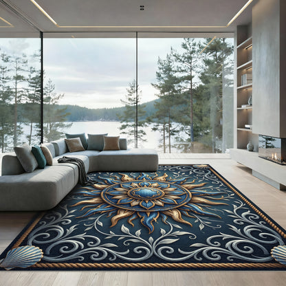 Ornate Blue and Gold Celestial Sun Rug