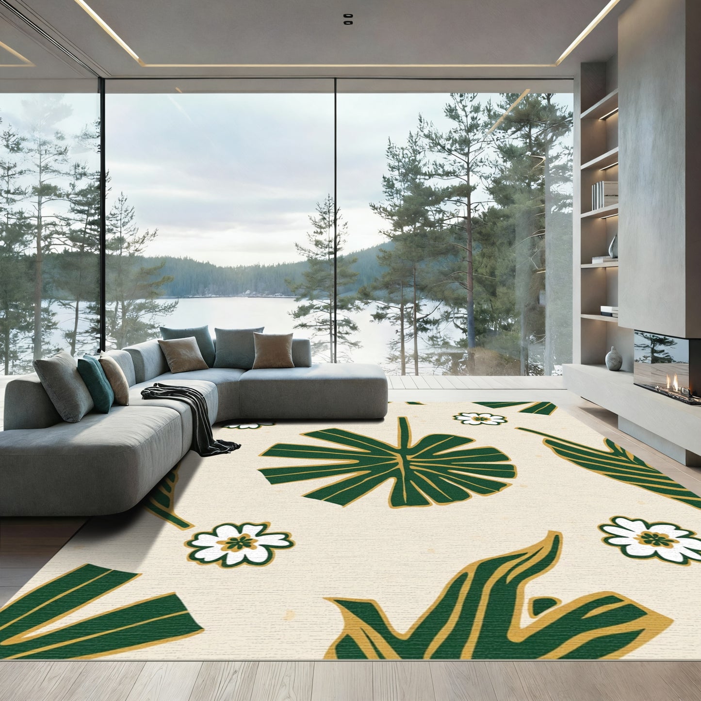 Emerald Leaf White Flower Medley Rug