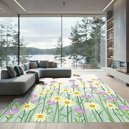 Whimsical Bees Daisies Purple Flowers Meadow Rug