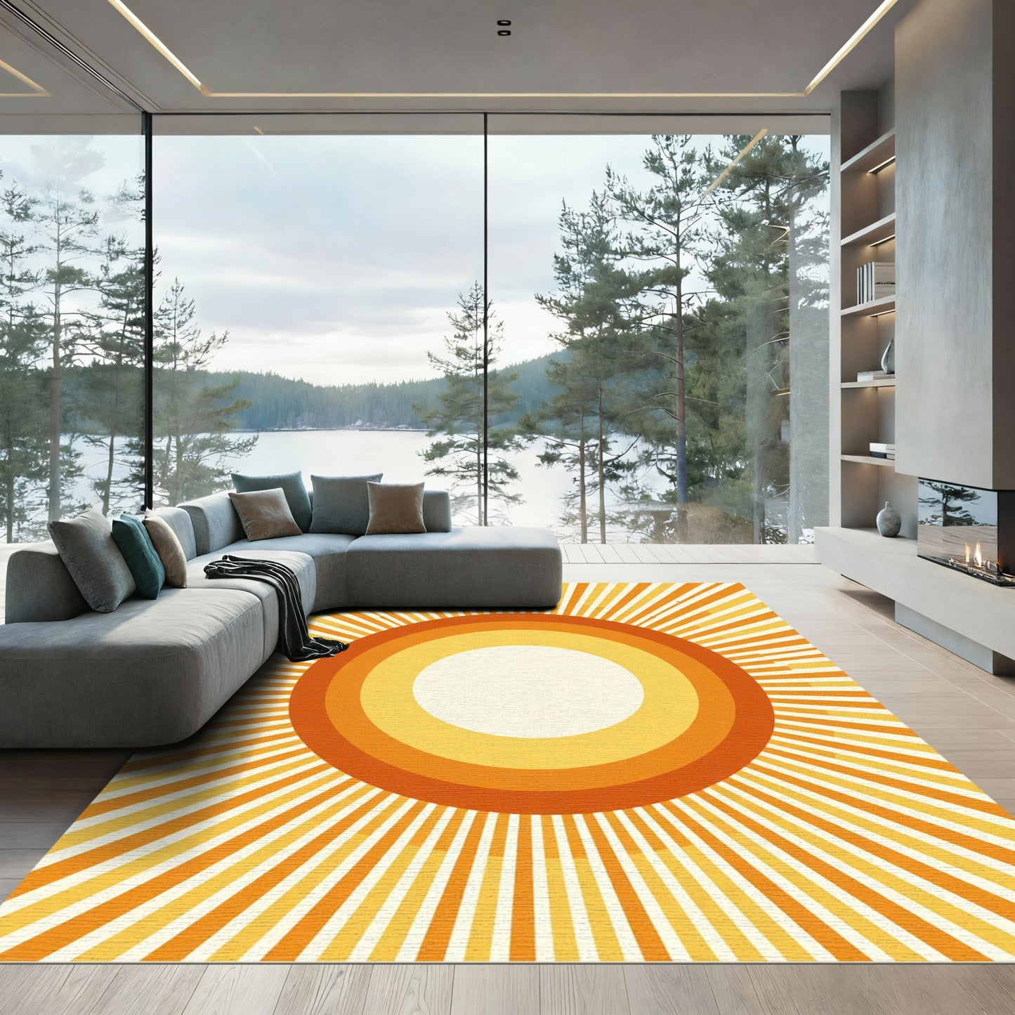 Retro Orange Sunburst Concentric Circles Rug