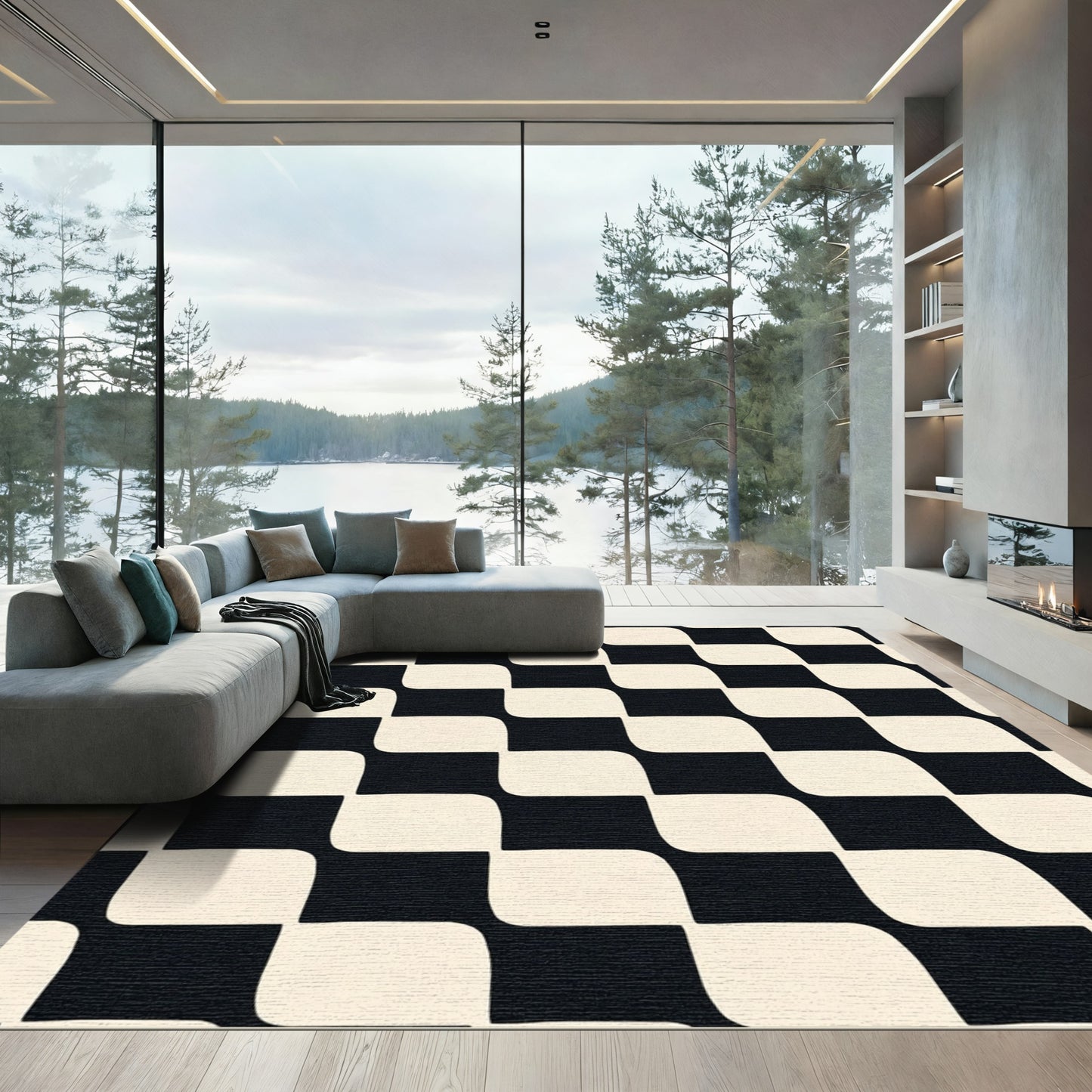Black Cream Curved Check Block Rug