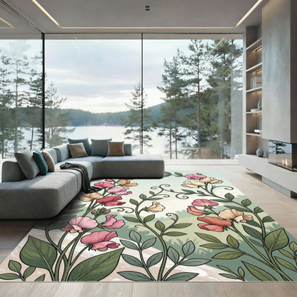 Coral Pink Yellow Floral Vine Rug