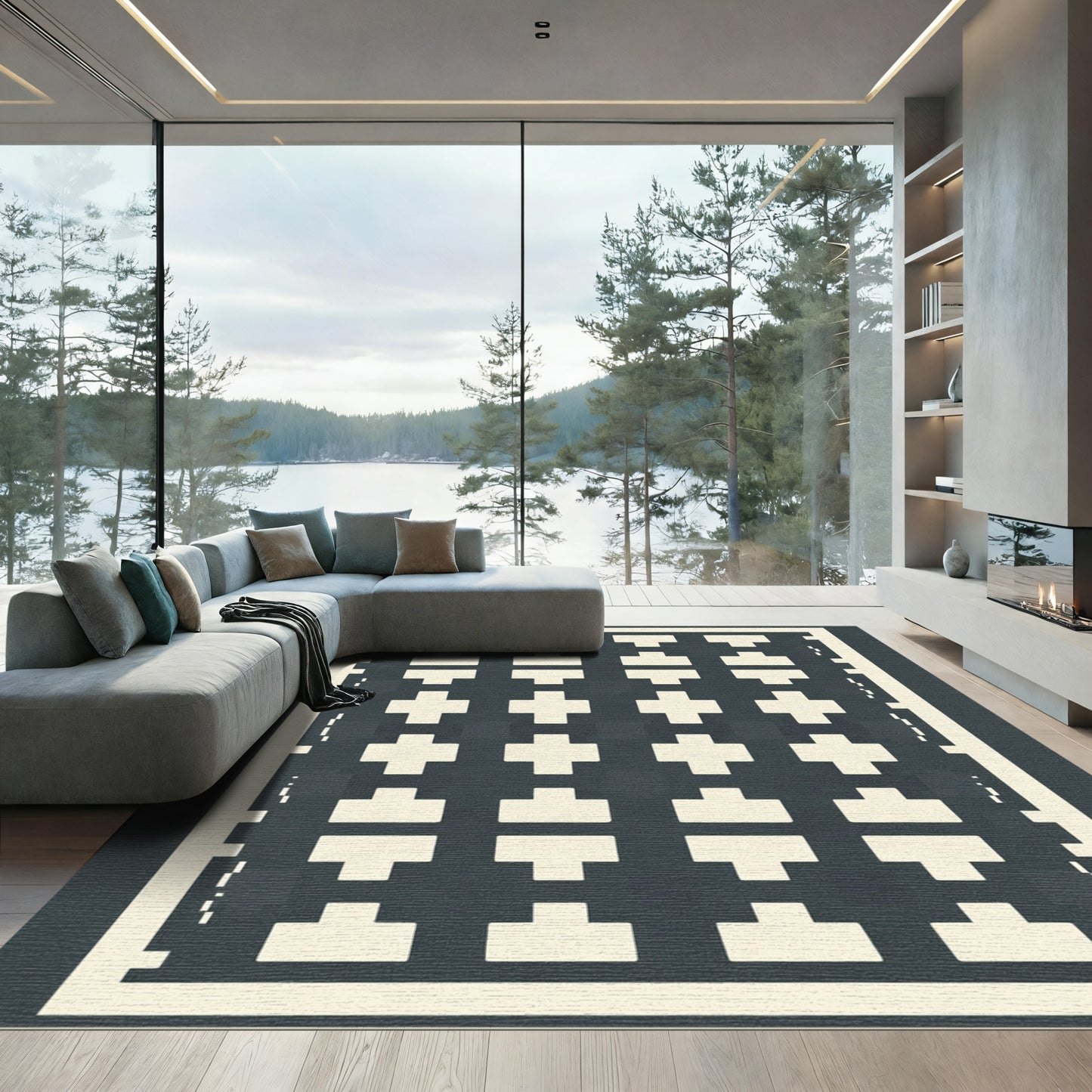 Cream and Gray Geometric Tessellation Rug