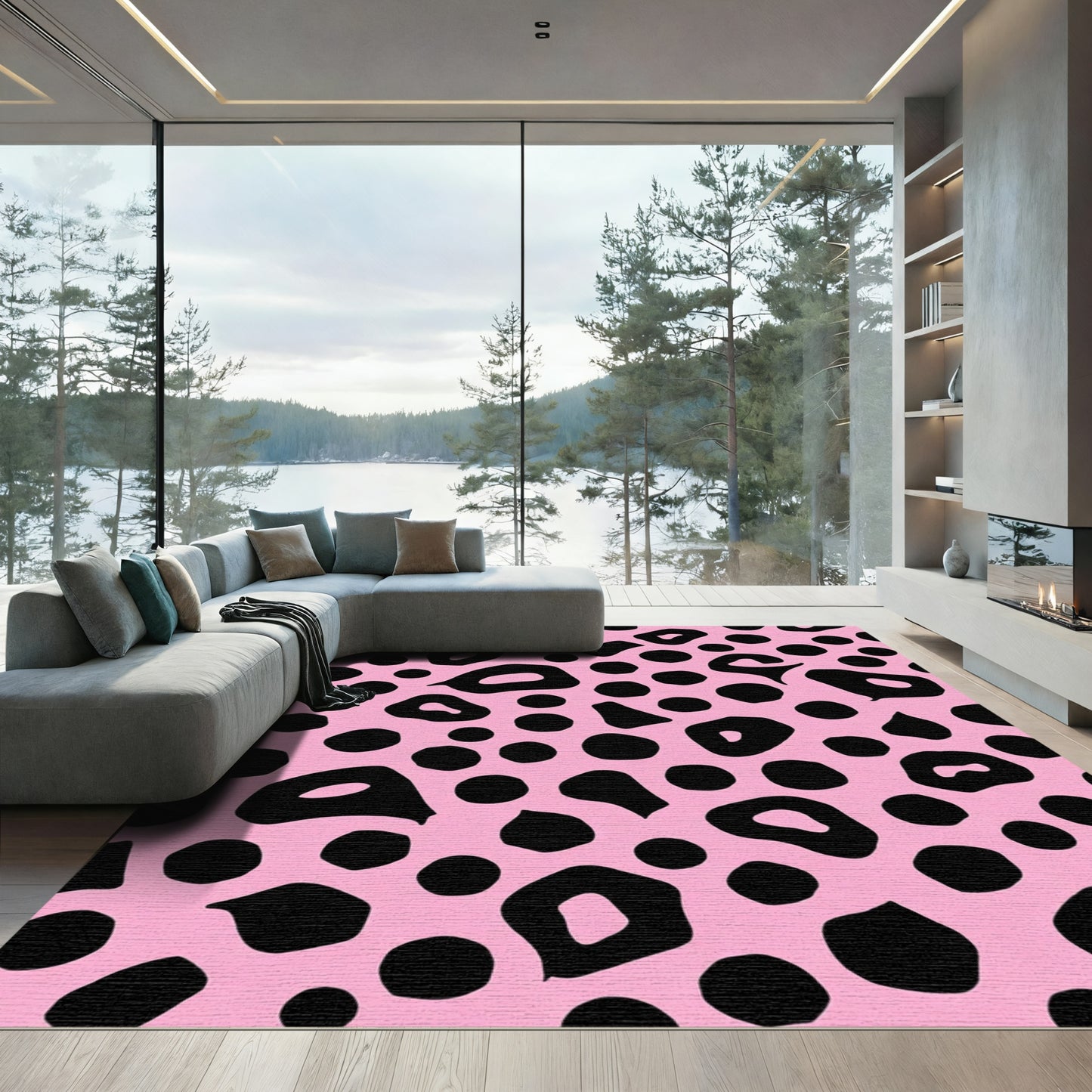 Fuchsia Black Spotty Animal Print Rug