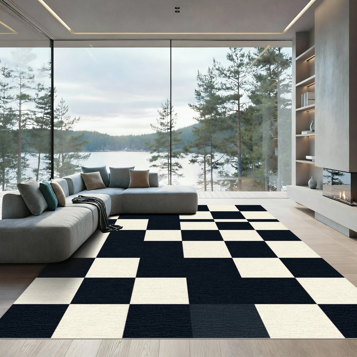 Bold Black and White Checkerboard Grid Rug