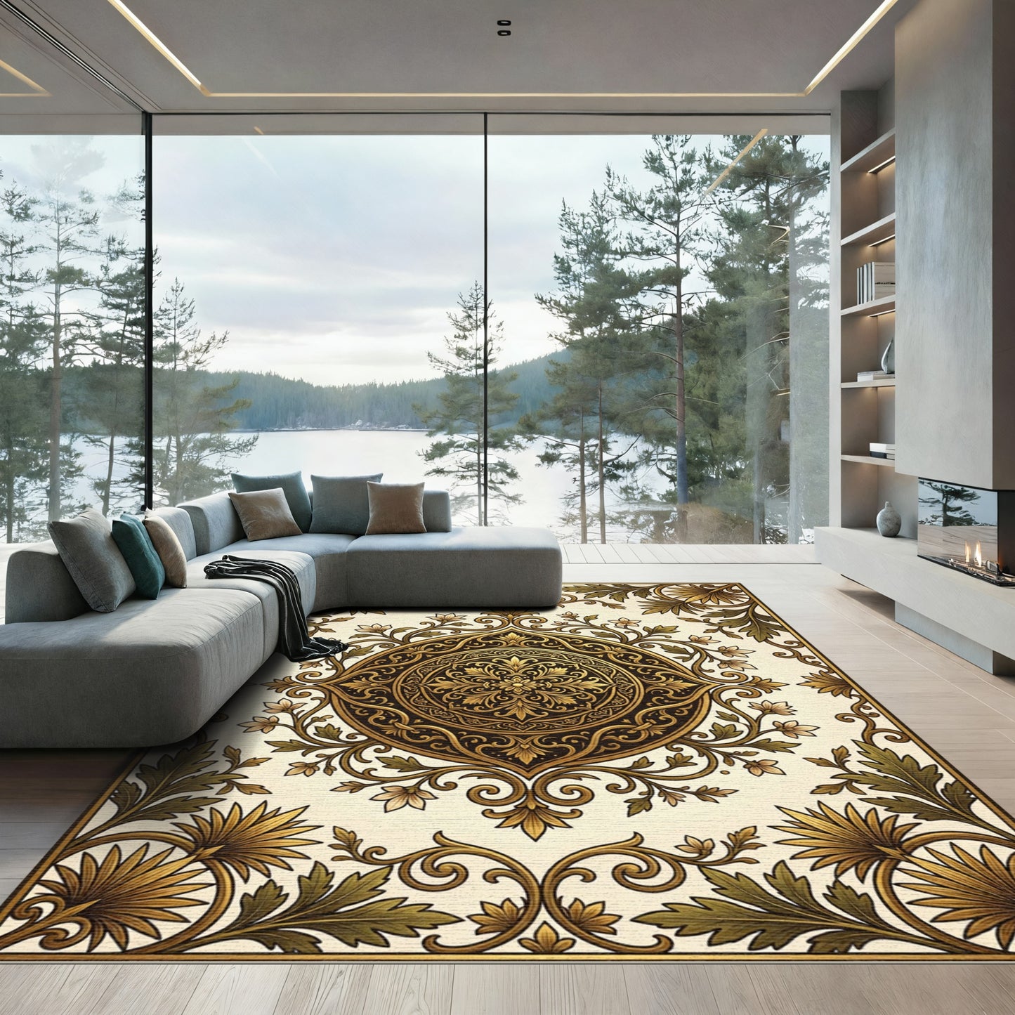 Ornate Golden Floral Scroll Medallion Rug