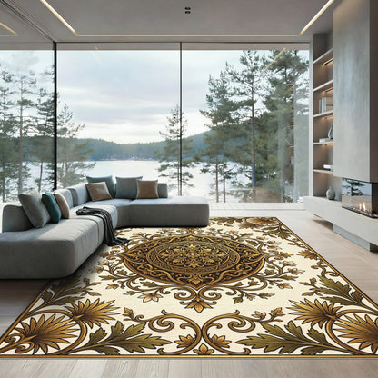 Ornate Golden Floral Scroll Medallion Rug