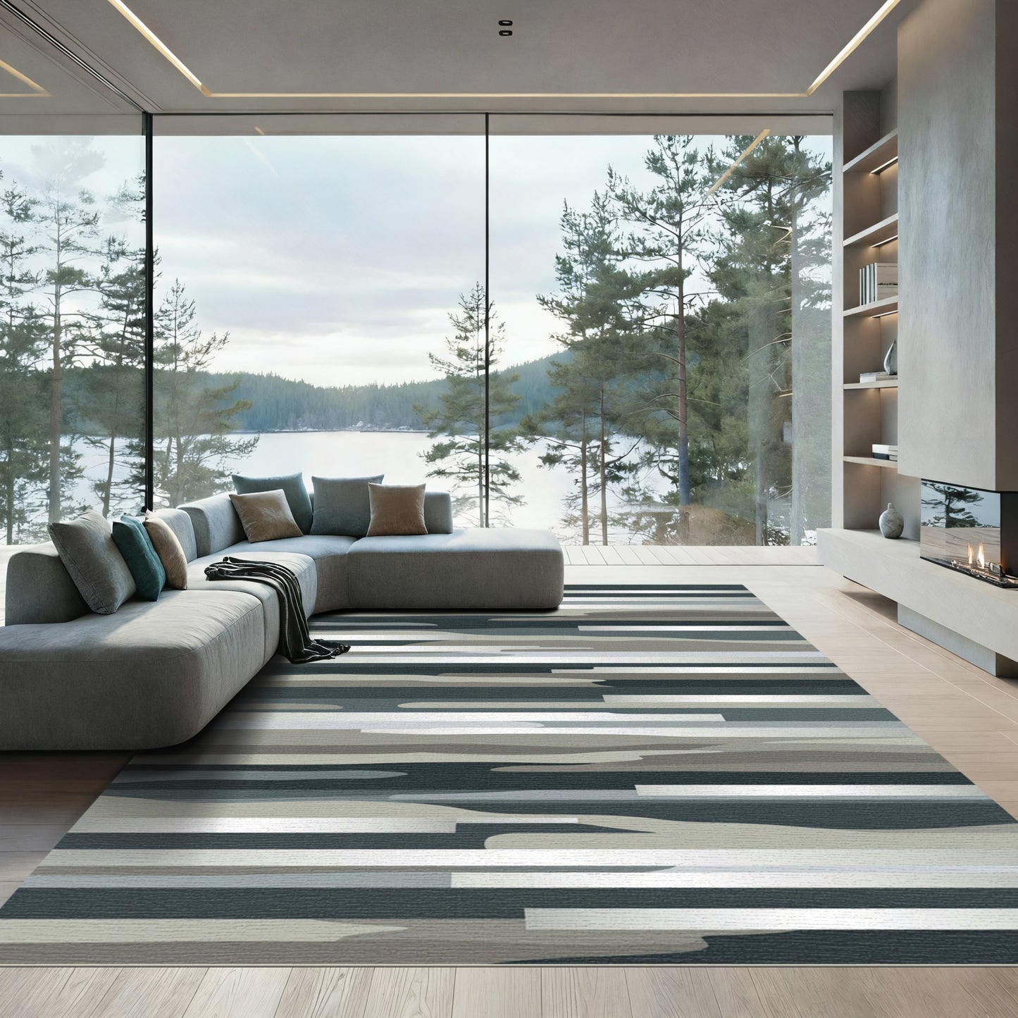 Modern Metallic Gray Horizontal Coastal Stream Rug