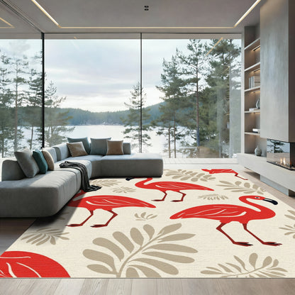 Red Flamingo Leaves Pattern Rug