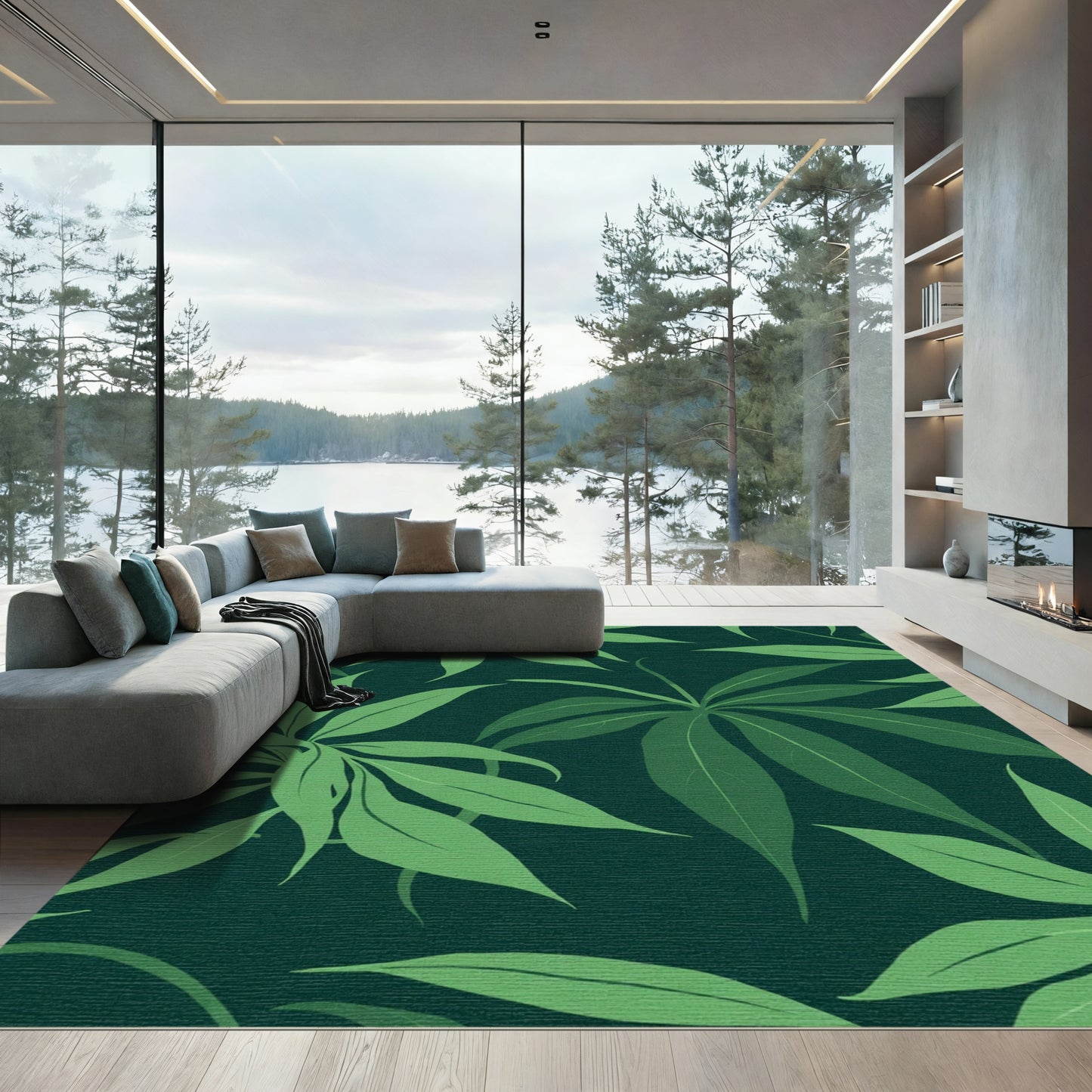 Deep Green Tropical Palm Leaf Rug