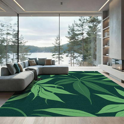 Deep Green Tropical Palm Leaf Rug