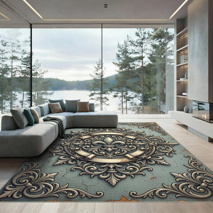 Ornate Fleur de Lis Scrollwork Emblem Rug