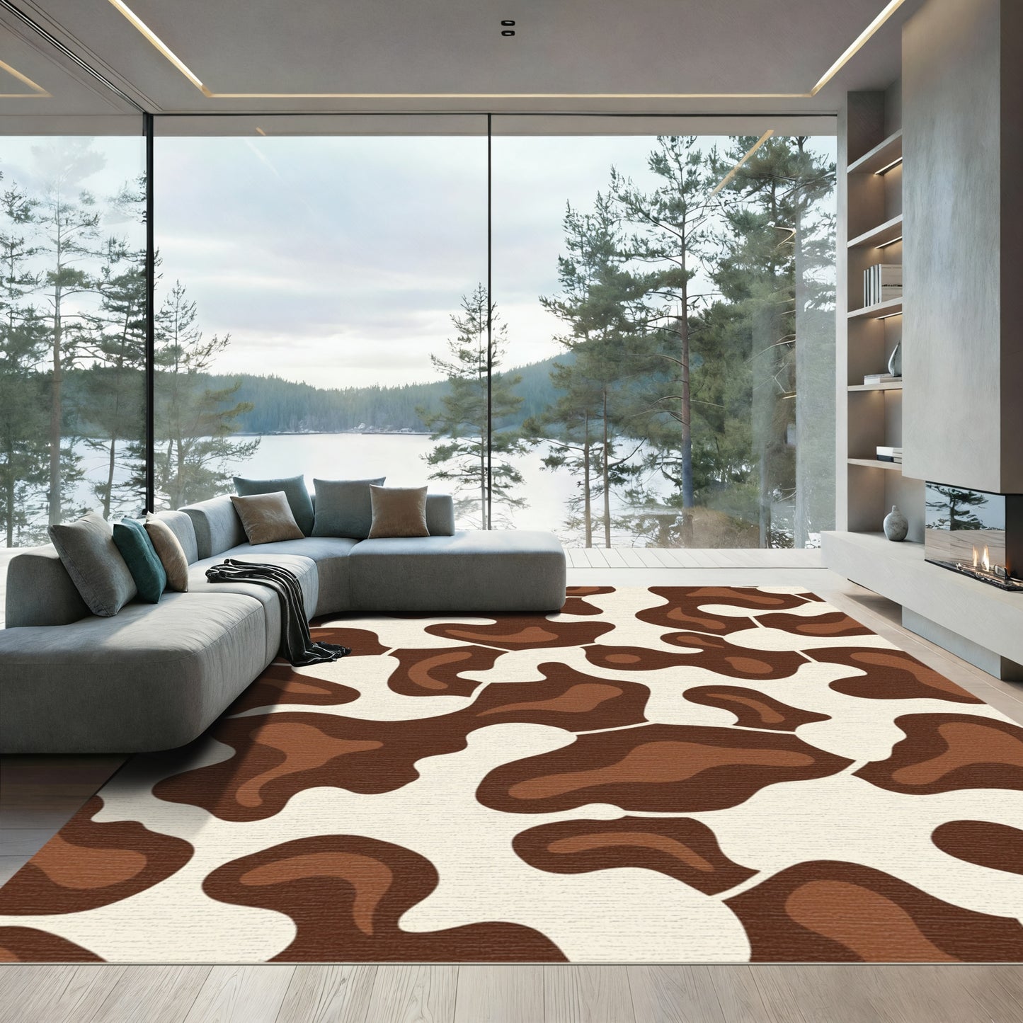 Brown Cream Abstract Blob Spot Rug