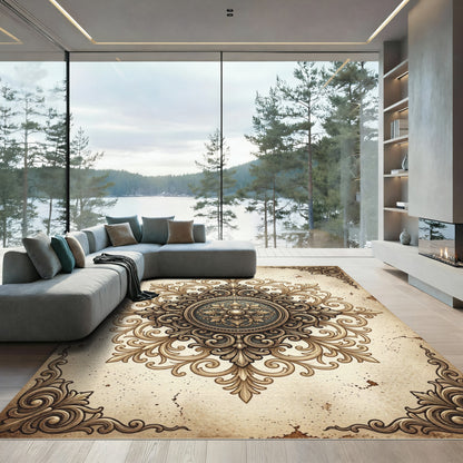 Ornate Antique Gold Filigree Medallion Rug
