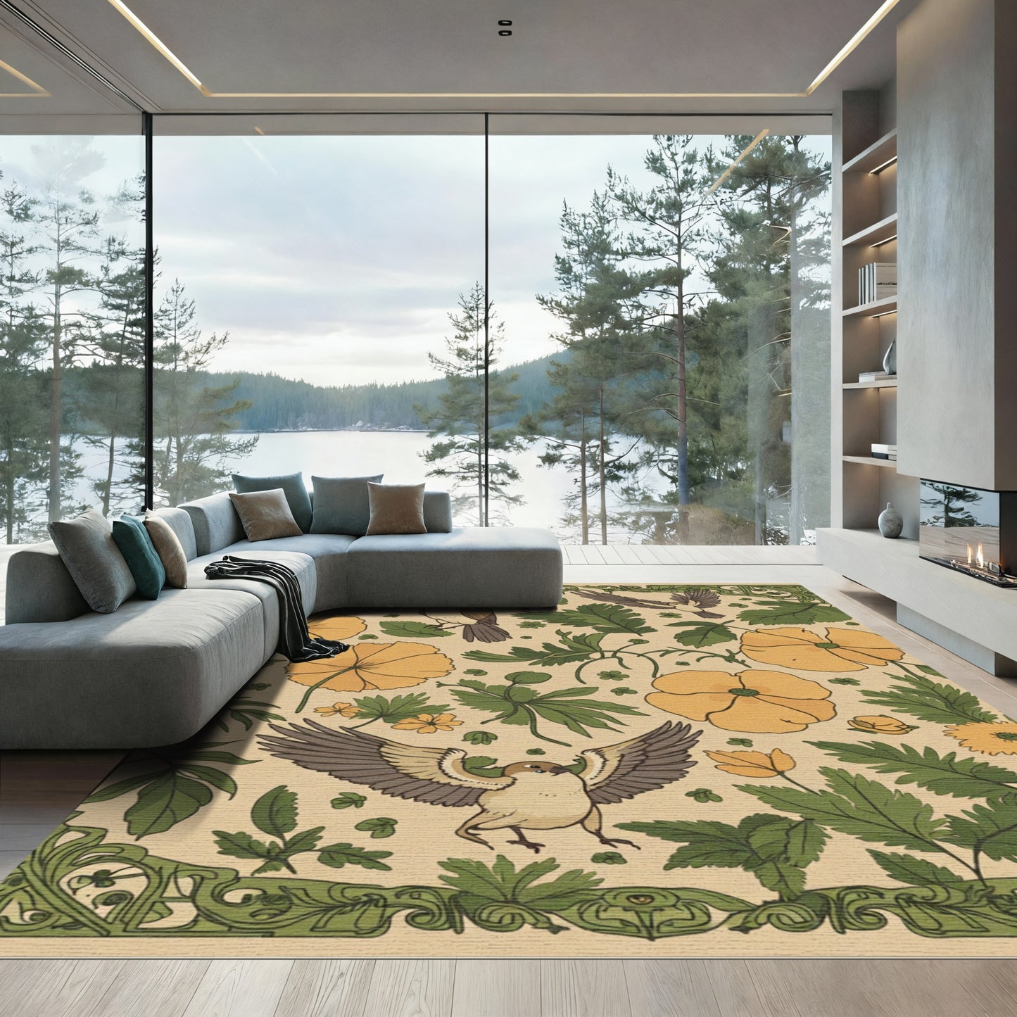 Botanical Birds Yellow Floral Border Rug