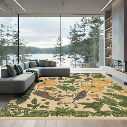 Botanical Birds Yellow Floral Border Rug