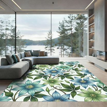 Botanical Blue and Sage Clematis Floral Rug