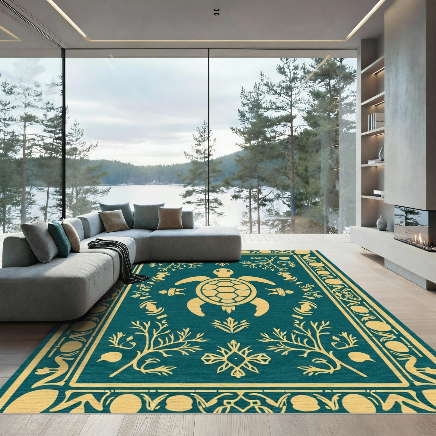 Golden Yellow Turtle Teal Border Rug
