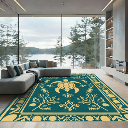 Golden Yellow Turtle Teal Border Rug