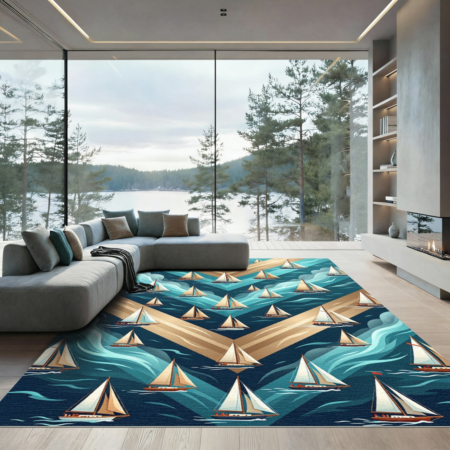 Abstract Teal Nautical Sailboat Chevron Rug